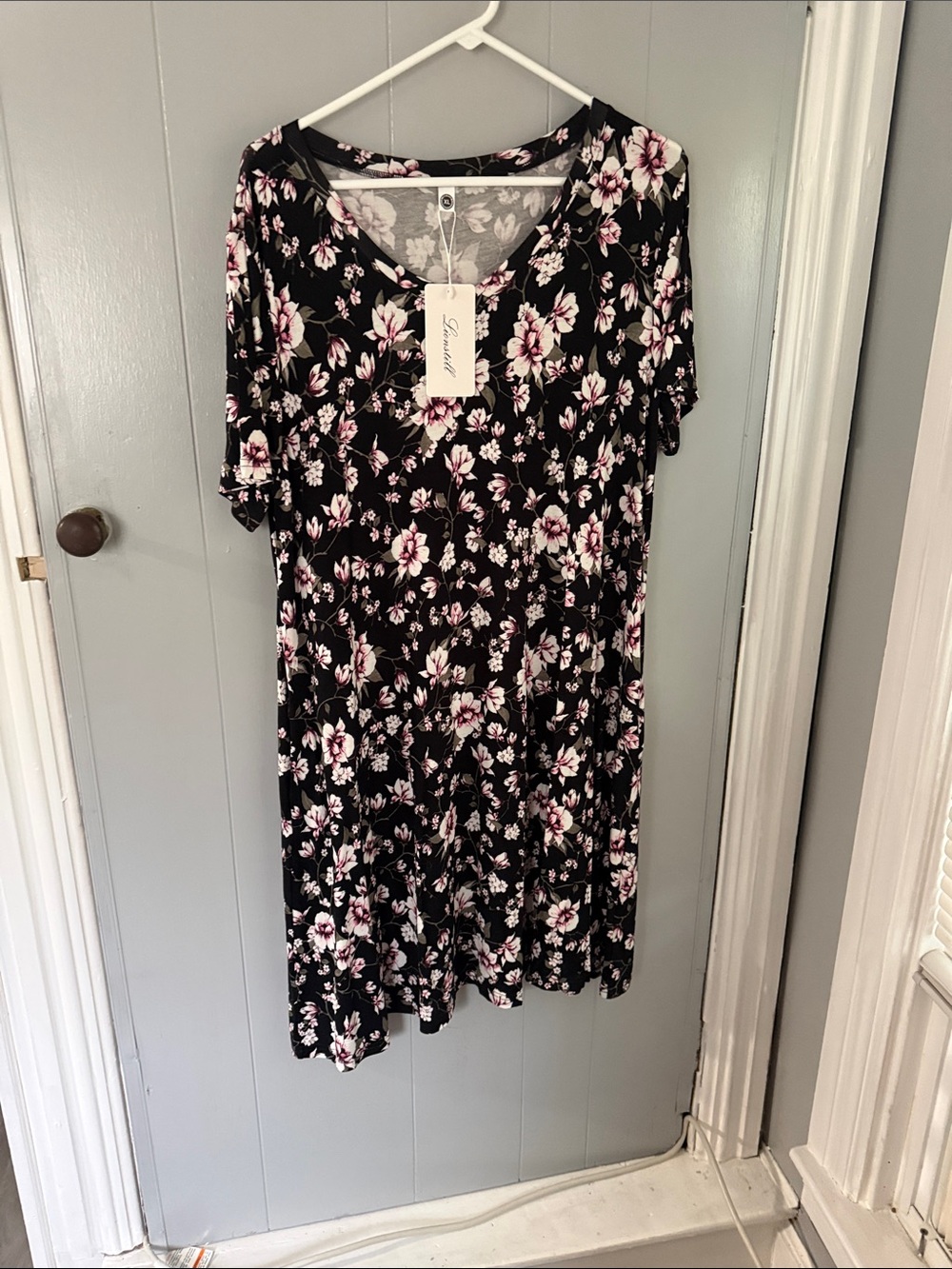 Black Floral V-Neck Midi Dress with Pink and Cream Flowers NWT
